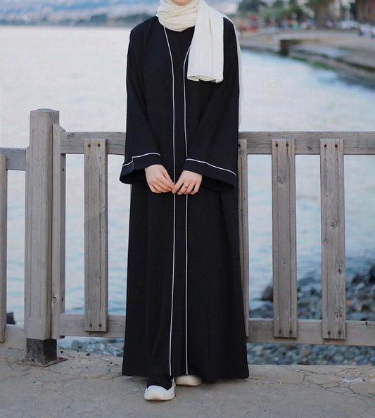 Black Nida Piping Abaya With Buttons