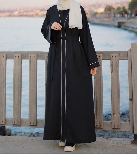 Black Nida Piping Abaya With Buttons