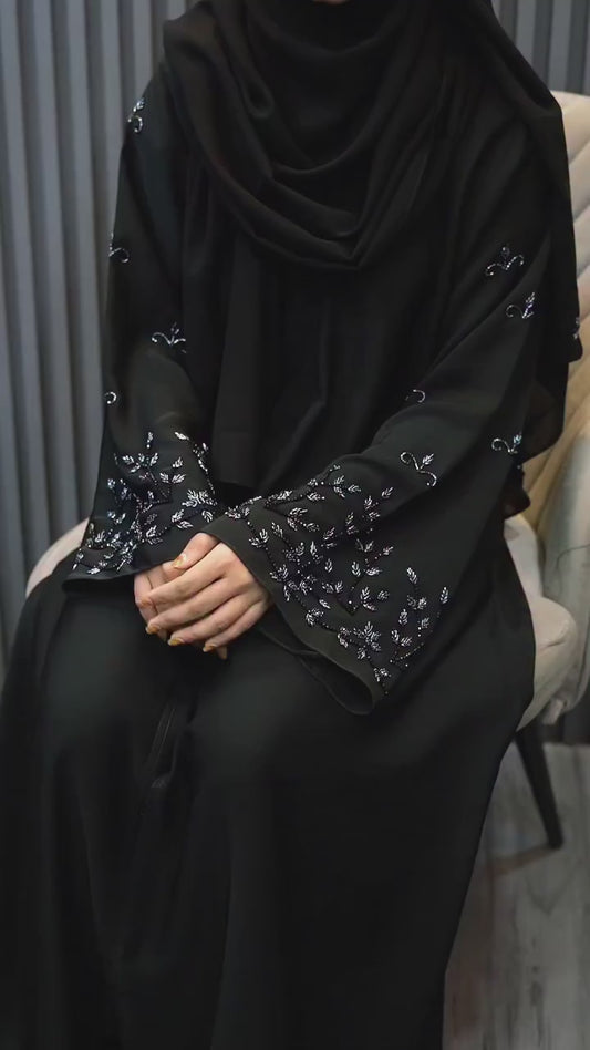 Black Korean Nida Silver Bloom Abaya